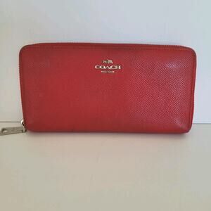 Coach Leather Wallet Solid Red Zip Around Large Clutch Crossgrain Leather Fair